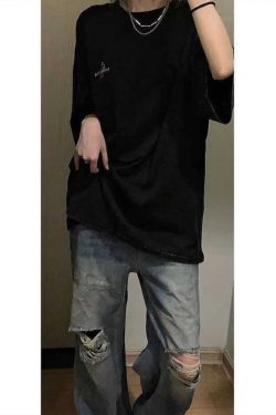 High Street Dark Style Vintage Water-Washed Oversized Short Sleeve T-Shirt for Women - Summer Evil Hand Design