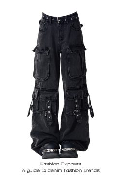 High Street Multi-Pocket Black Denim Workwear Pants for Women - Loose Wide-Leg Floor-Length Style, Autumn/Winter 2025 Fashion