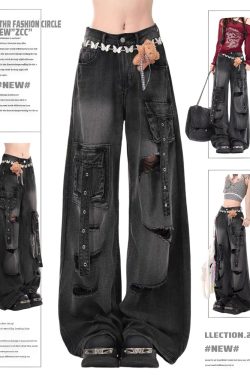 High Street Pink Ripped Jeans for Women, Loose Wide-Leg Floor-Length Pants, Spring Autumn 2025 Fashion