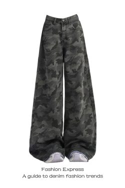 High Street Retro Camouflage Workwear Jeans for Women - 2025 Straight Wide-Leg Pants, American Style, Trendy Fashion