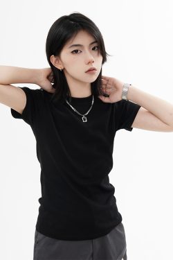 High Street Solid Color Short-Sleeve T-Shirt for Men and Women, Retro Straight Shoulder Small Collar, Fitted Y2K Style Top