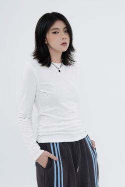 High Street Solid Color Short-Sleeve T-Shirt for Men and Women, Retro Straight Shoulder Small Collar, Fitted Y2K Style Top