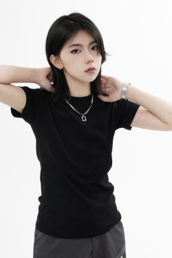 High Street Solid Color Short-Sleeve T-Shirt for Men and Women, Retro Straight Shoulder Small Collar, Fitted Y2K Style Top