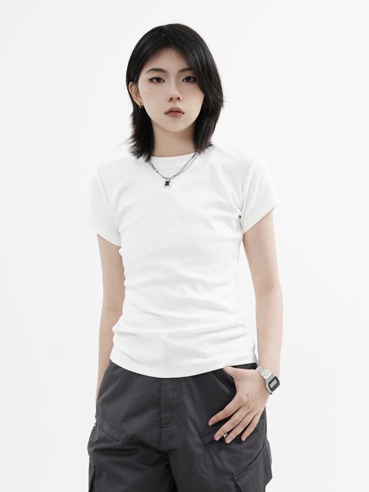 High Street Solid Color Short-Sleeve T-Shirt for Men and Women, Retro Straight Shoulder Small Collar, Fitted Y2K Style Top High Street Solid Color Short-Sleeve T-Shirt for Men and Women, Retro Straight Shoulder Small Collar, Fitted Y2K Style Top