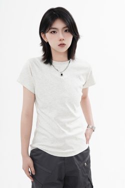 High Street Solid Color Short-Sleeve T-Shirt for Men and Women, Retro Straight Shoulder Small Collar, Fitted Y2K Style Top