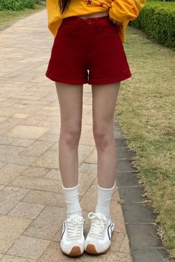 High Waist A-Line Denim Shorts for Women - Red Tight Fitted Hot Pants for Summer 2025, Trendy Hot Girl Style