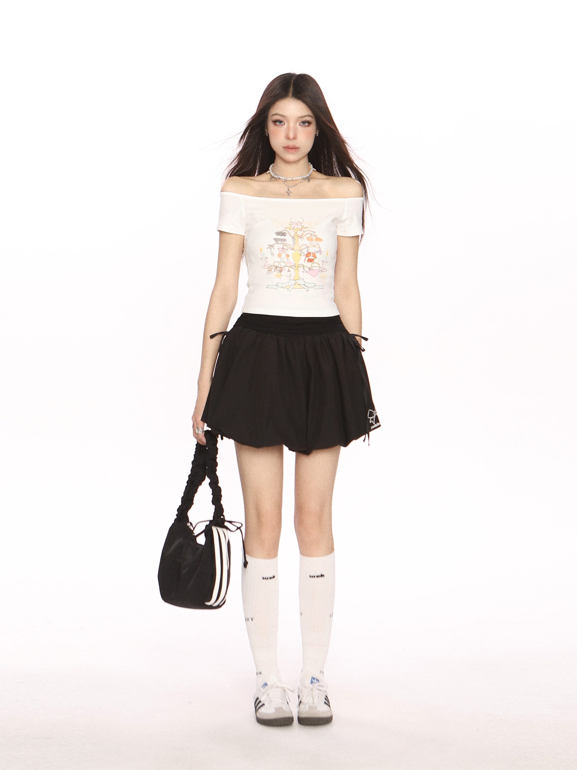 High Waist College Style Floral Puff Skirt - Women's A-Line Slim Fit Drawstring Short Skirt, 90s Inspired Ballet Style High Waist College Style Floral Puff Skirt - Women's A-Line Slim Fit Drawstring Short Skirt, 90s Inspired Ballet Style