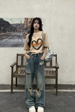 High Waist Ripped Jeans for Women - Trendy Summer Straight Leg Pants, Floor-Length Washed Style, INS Fashion, Casual Chic Look
