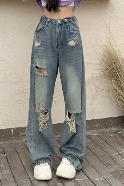 High Waist Ripped Jeans for Women - Trendy Summer Straight Leg Pants, Floor-Length Washed Style, INS Fashion, Casual Chic Look