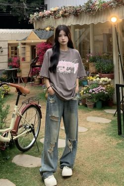 High Waist Ripped Jeans for Women - Trendy Summer Straight Leg Pants, Floor-Length Washed Style, INS Fashion, Casual Chic Look