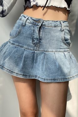 High Waist Ruffle Hem Denim Mini Skirt for Women, Retro Cute A-Line Stretch Skirt, Y2K Fashion, Casual Summer Style