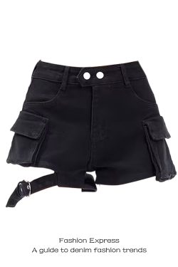 High-Waisted Black Denim Shorts for Women - Retro Workwear Style, Slim-Fit Hot Pants for Spring and Autumn 2025