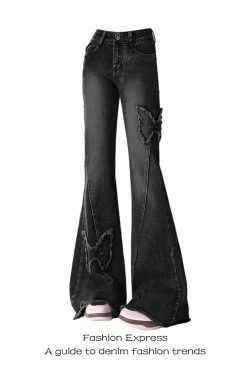 High-Waisted Black Frayed Butterfly Patchwork Flared Jeans for Women - Vintage Autumn Winter Slim-Fit Floor-Length Pants