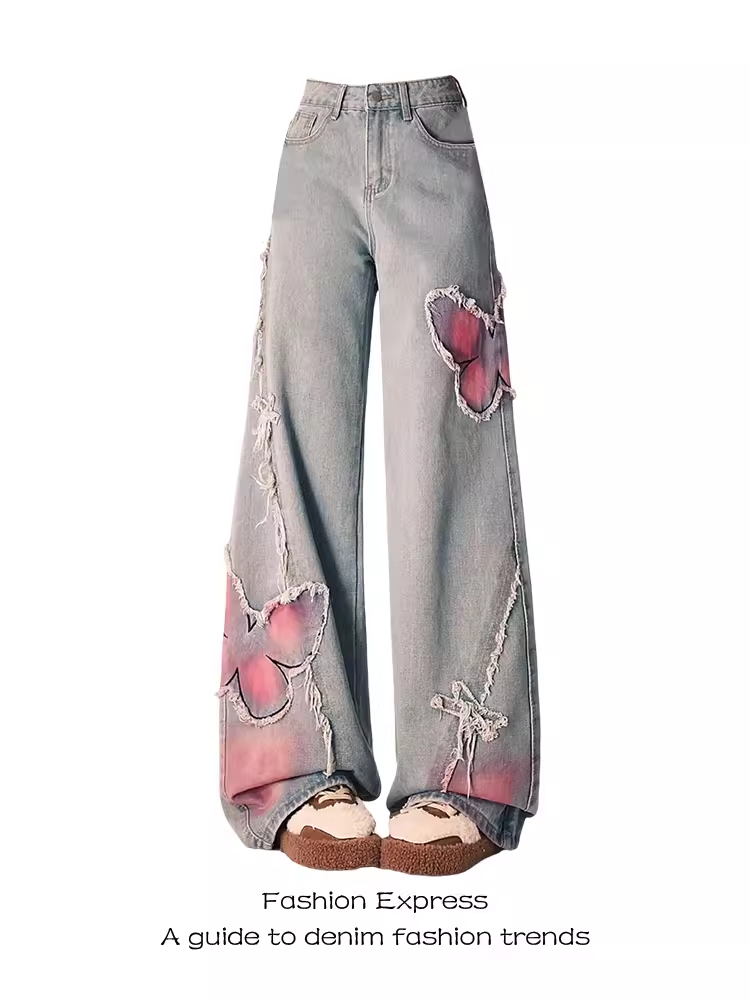 High-Waisted Black Frayed Butterfly Patchwork Flared Jeans for Women - Vintage Autumn Winter Slim-Fit Floor-Length Pants High-Waisted Black Frayed Butterfly Patchwork Flared Jeans for Women - Vintage Autumn Winter Slim-Fit Floor-Length Pants