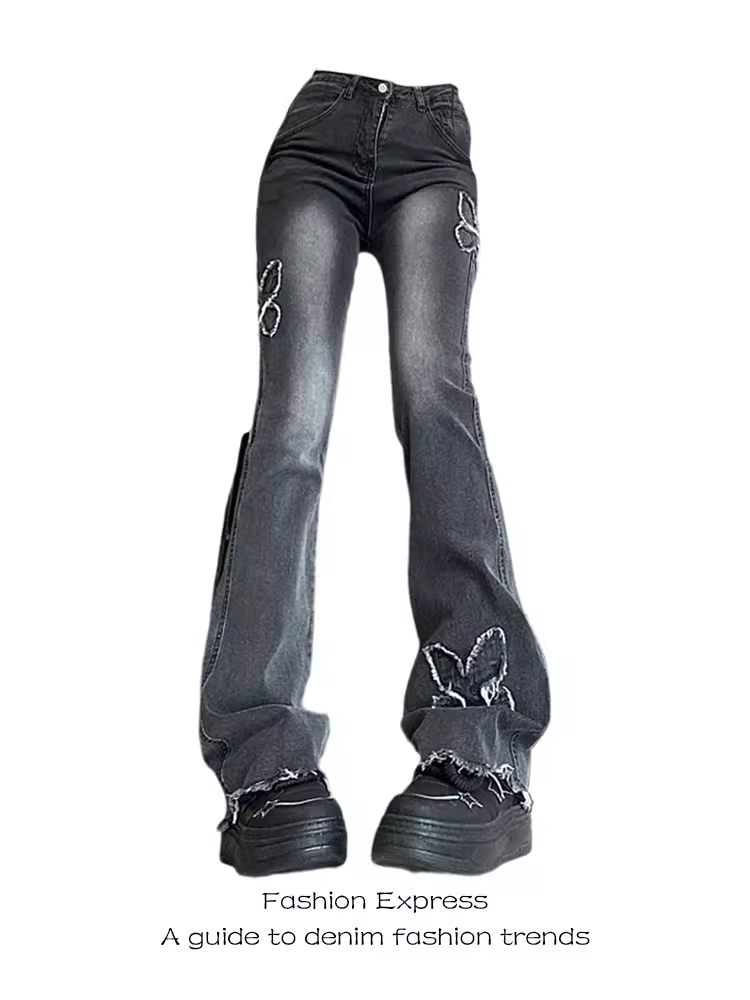 High-Waisted Black Frayed Butterfly Patchwork Flared Jeans for Women - Vintage Autumn Winter Slim-Fit Floor-Length Pants High-Waisted Black Frayed Butterfly Patchwork Flared Jeans for Women - Vintage Autumn Winter Slim-Fit Floor-Length Pants