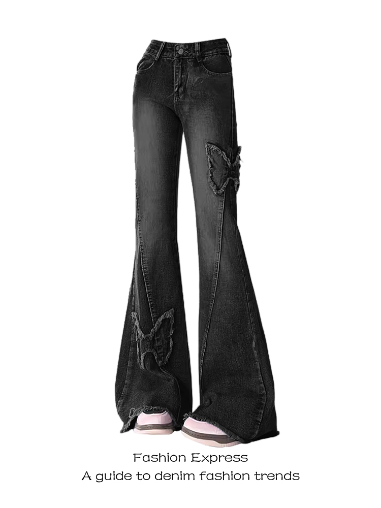 High-Waisted Black Frayed Butterfly Patchwork Flared Jeans for Women - Vintage Autumn Winter Slim-Fit Floor-Length Pants High-Waisted Black Frayed Butterfly Patchwork Flared Jeans for Women - Vintage Autumn Winter Slim-Fit Floor-Length Pants