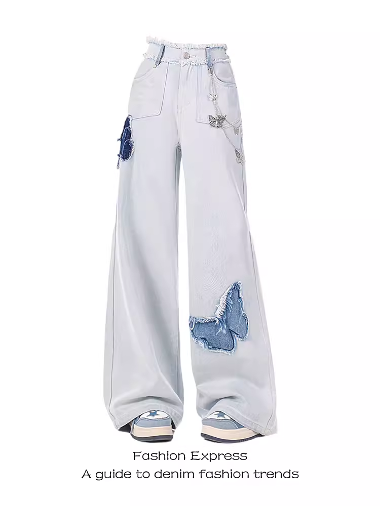 High-Waisted Black Frayed Butterfly Patchwork Flared Jeans for Women - Vintage Autumn Winter Slim-Fit Floor-Length Pants High-Waisted Black Frayed Butterfly Patchwork Flared Jeans for Women - Vintage Autumn Winter Slim-Fit Floor-Length Pants