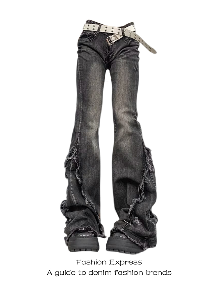High-Waisted Black Frayed Hem Flared Jeans for Women - Slimming Wide-Leg Bell-Bottom Pants for Spring & Autumn, American Style Vibe High-Waisted Black Frayed Hem Flared Jeans for Women - Slimming Wide-Leg Bell-Bottom Pants for Spring & Autumn, American Style Vibe