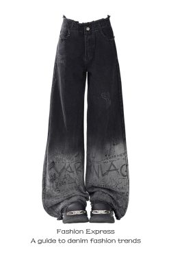 High-Waisted Black Gradient Graffiti Jeans for Women - Trendy Wide-Leg Floor-Length Pants for Autumn/Winter 2025, American Style