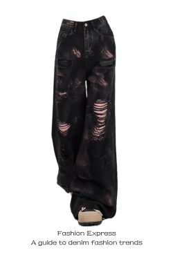 High-Waisted Black Ripped Vintage Tie-Dye Jeans for Women - Loose Straight-Leg Design, Floor-Length for Spring and Summer Style