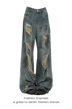 High-Waisted Black Ripped Vintage Tie-Dye Jeans for Women - Loose Straight-Leg Design, Floor-Length for Spring and Summer Style