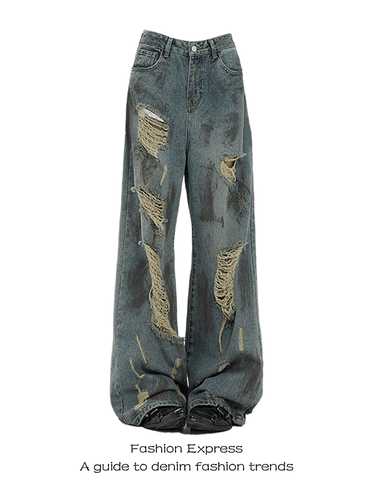 High-Waisted Black Ripped Vintage Tie-Dye Jeans for Women - Loose Straight-Leg Design, Floor-Length for Spring and Summer Style High-Waisted Black Ripped Vintage Tie-Dye Jeans for Women - Loose Straight-Leg Design, Floor-Length for Spring and Summer Style