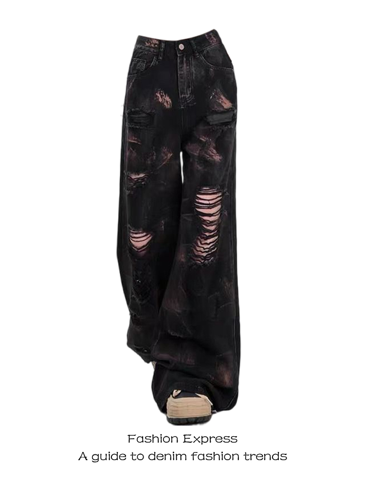High-Waisted Black Ripped Vintage Tie-Dye Jeans for Women - Loose Straight-Leg Design, Floor-Length for Spring and Summer Style High-Waisted Black Ripped Vintage Tie-Dye Jeans for Women - Loose Straight-Leg Design, Floor-Length for Spring and Summer Style