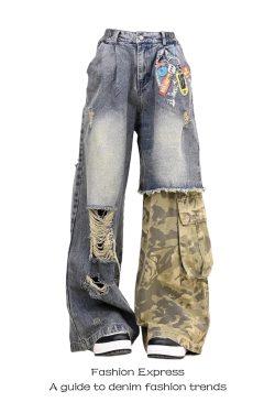 High-Waisted Camouflage Jeans for Women - 2025 Spring Autumn Street Style, Distressed Patchwork Loose Straight Wide-Leg Pants