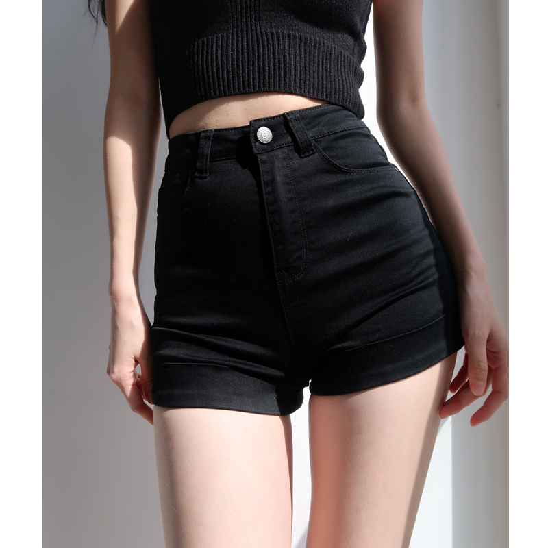 High-Waisted Distressed Denim Shorts - Vintage-Inspired Stretchy Slim-Fit with Rolled Hem - Classic American Style High-Waisted Distressed Denim Shorts - Vintage-Inspired Stretchy Slim-Fit with Rolled Hem - Classic American Style