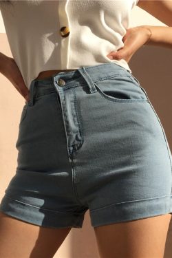 High-Waisted Distressed Denim Shorts - Vintage-Inspired Stretchy Slim-Fit with Rolled Hem - Classic American Style