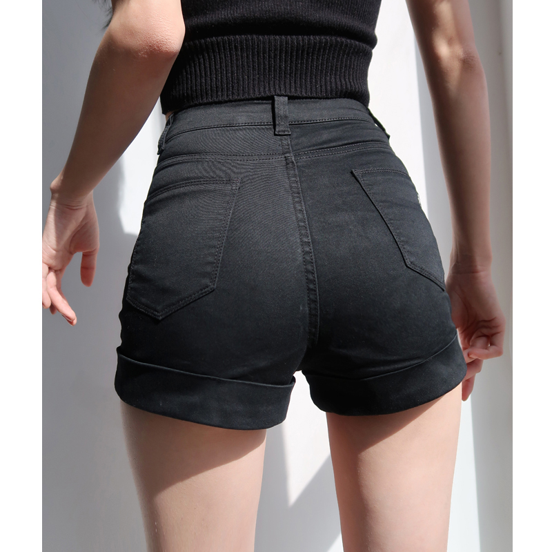 High-Waisted Distressed Denim Shorts - Vintage-Inspired Stretchy Slim-Fit with Rolled Hem - Classic American Style High-Waisted Distressed Denim Shorts - Vintage-Inspired Stretchy Slim-Fit with Rolled Hem - Classic American Style