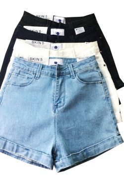 High-Waisted Distressed Denim Shorts - Vintage-Inspired Stretchy Slim-Fit with Rolled Hem - Classic American Style