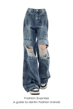 High-Waisted Distressed Ripped Jeans for Women - Vintage Post-Apocalyptic Style, Floor-Length, Autumn & Winter Fashion