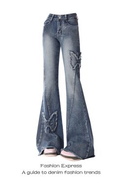 High-Waisted Flared Jeans for Women with Butterfly Embroidery | Vintage Style | 2025 Spring Autumn Fashion | Floor-Length