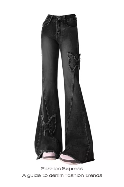 High-Waisted Flared Jeans for Women with Butterfly Embroidery | Vintage Style | 2025 Spring Autumn Fashion | Floor-Length