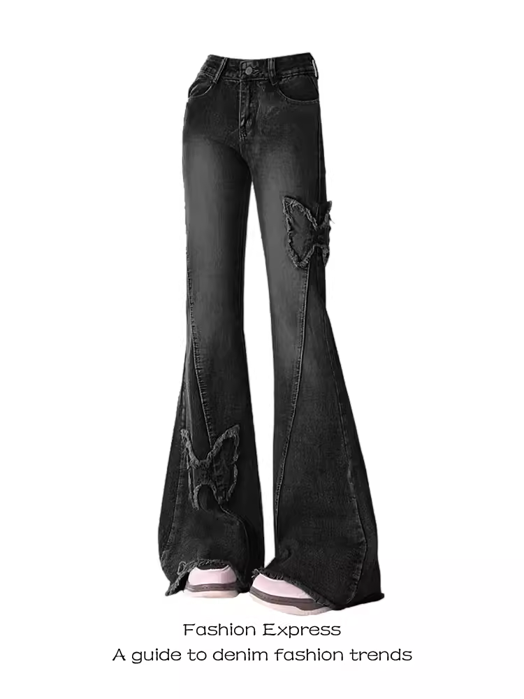 High-Waisted Flared Jeans for Women with Butterfly Embroidery | Vintage Style | 2025 Spring Autumn Fashion | Floor-Length High-Waisted Flared Jeans for Women with Butterfly Embroidery | Vintage Style | 2025 Spring Autumn Fashion | Floor-Length