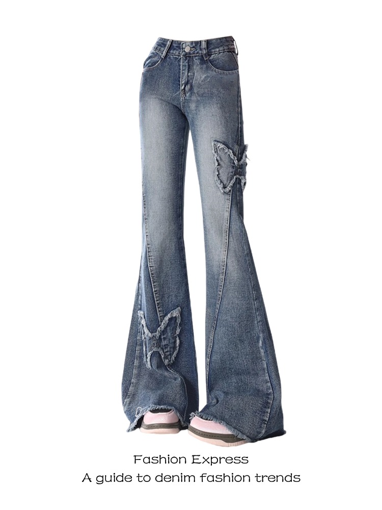 High-Waisted Flared Jeans for Women with Butterfly Embroidery | Vintage Style | 2025 Spring Autumn Fashion | Floor-Length High-Waisted Flared Jeans for Women with Butterfly Embroidery | Vintage Style | 2025 Spring Autumn Fashion | Floor-Length