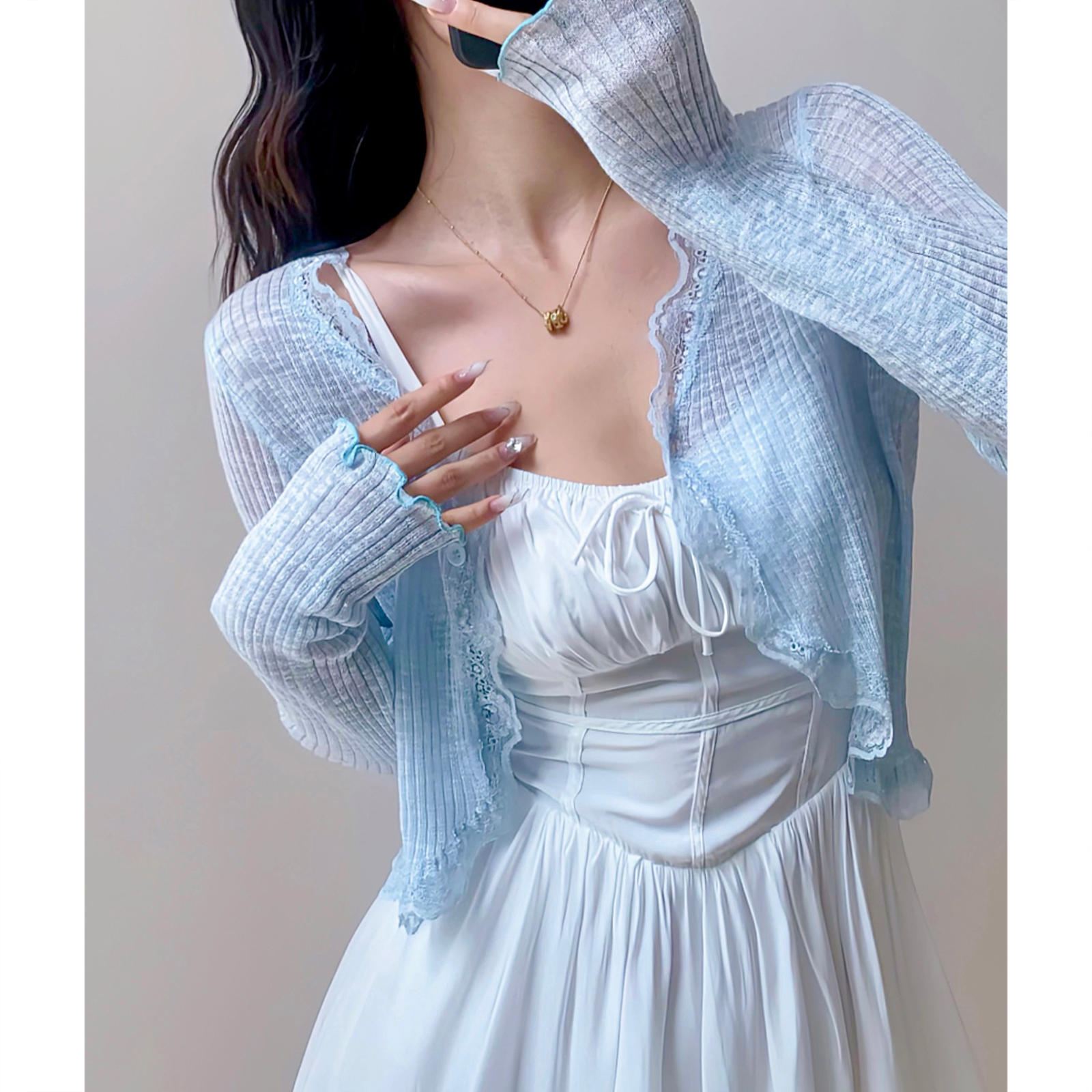 High-Waisted Lace Trim Cardigan for Women - Sensual Summer Sun Protection Top - Lightweight Airy Style for Fresh 90s Y2K Vibes High-Waisted Lace Trim Cardigan for Women - Sensual Summer Sun Protection Top - Lightweight Airy Style for Fresh 90s Y2K Vibes