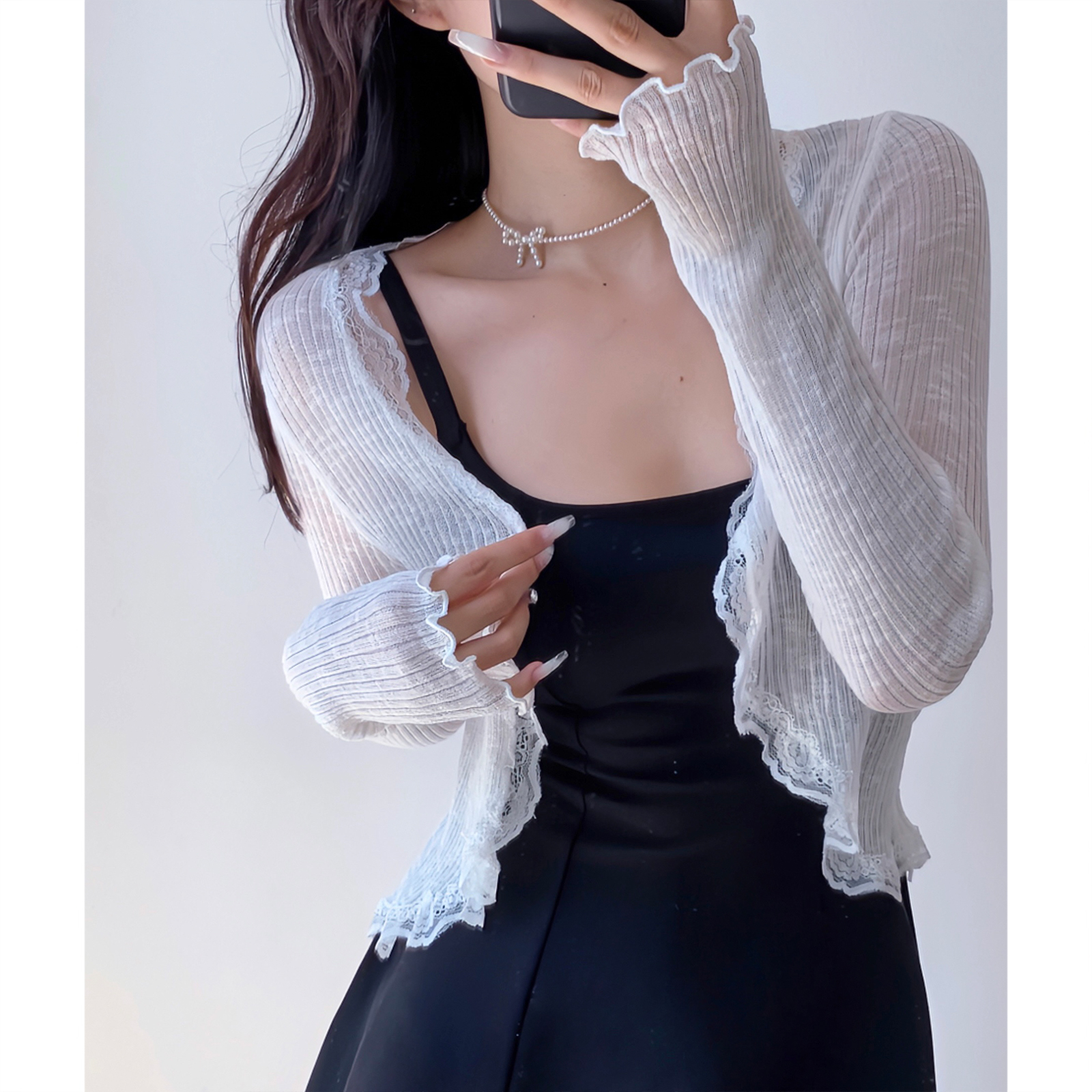 High-Waisted Lace Trim Cardigan for Women - Sensual Summer Sun Protection Top - Lightweight Airy Style for Fresh 90s Y2K Vibes High-Waisted Lace Trim Cardigan for Women - Sensual Summer Sun Protection Top - Lightweight Airy Style for Fresh 90s Y2K Vibes