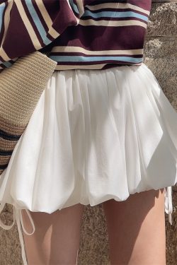 High-Waisted Lace Trim Tie White Bud Skirt with Safety Pants - DIY Spring/Summer Half Skirt, Short Skirt, 90s Inspired Fashion