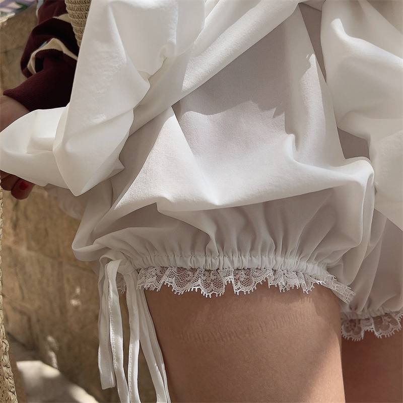 High-Waisted Lace Trim Tie White Bud Skirt with Safety Pants - DIY Spring/Summer Half Skirt, Short Skirt, 90s Inspired Fashion High-Waisted Lace Trim Tie White Bud Skirt with Safety Pants - DIY Spring/Summer Half Skirt, Short Skirt, 90s Inspired Fashion