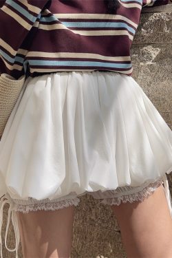 High-Waisted Lace Trim Tie White Bud Skirt with Safety Pants - DIY Spring/Summer Half Skirt, Short Skirt, 90s Inspired Fashion