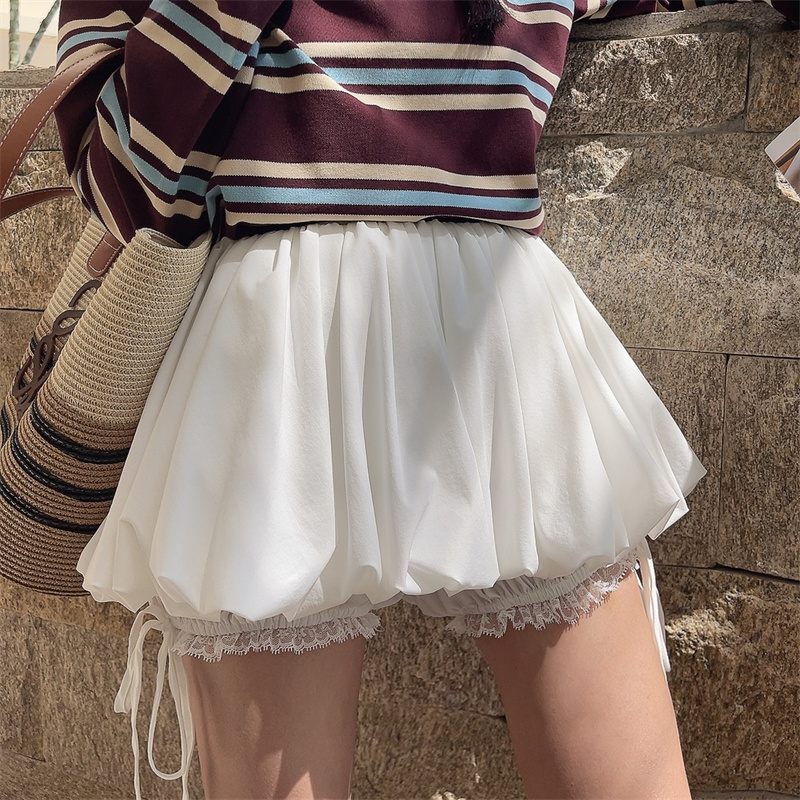 High-Waisted Lace Trim Tie White Bud Skirt with Safety Pants - DIY Spring/Summer Half Skirt, Short Skirt, 90s Inspired Fashion High-Waisted Lace Trim Tie White Bud Skirt with Safety Pants - DIY Spring/Summer Half Skirt, Short Skirt, 90s Inspired Fashion