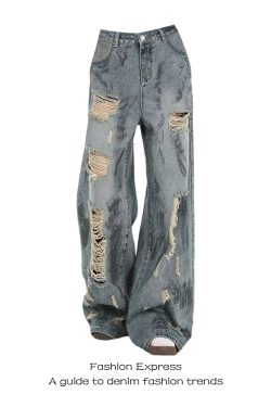High-Waisted Loose Fit Ripped Jeans for Women - American Retro Wasteland Style Ink Splash Wide-Leg Floor-Length Pants