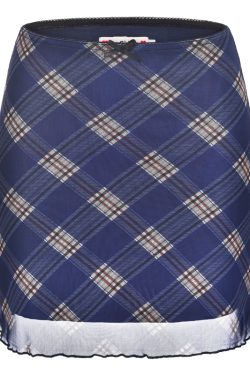 High-Waisted Plaid Mesh Bodycon Mini Skirt for Women - Vintage 90s Style Slimming Design