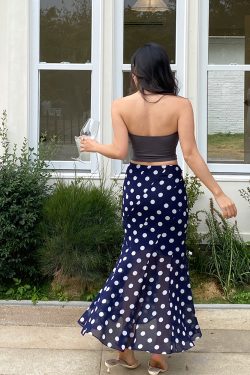 High-Waisted Polka Dot Irregular Vintage Long Skirt with Fish Tail Design - Slimming Asymmetrical Style