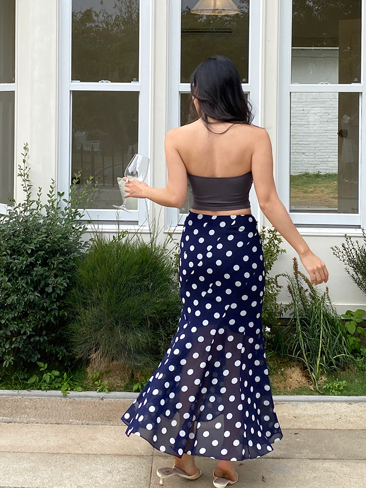 High-Waisted Polka Dot Irregular Vintage Long Skirt with Fish Tail Design - Slimming Asymmetrical Style High-Waisted Polka Dot Irregular Vintage Long Skirt with Fish Tail Design - Slimming Asymmetrical Style