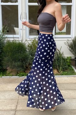 High-Waisted Polka Dot Irregular Vintage Long Skirt with Fish Tail Design - Slimming Asymmetrical Style