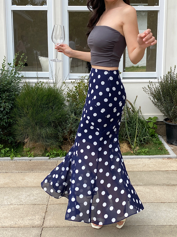 High-Waisted Polka Dot Irregular Vintage Long Skirt with Fish Tail Design - Slimming Asymmetrical Style High-Waisted Polka Dot Irregular Vintage Long Skirt with Fish Tail Design - Slimming Asymmetrical Style