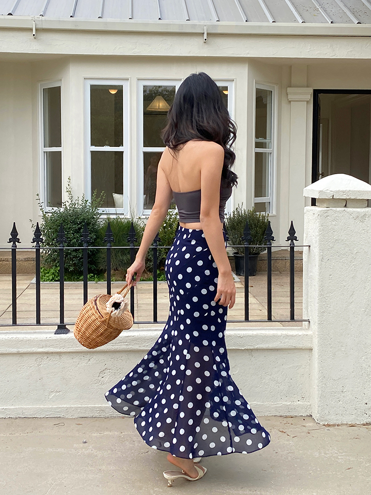 High-Waisted Polka Dot Irregular Vintage Long Skirt with Fish Tail Design - Slimming Asymmetrical Style High-Waisted Polka Dot Irregular Vintage Long Skirt with Fish Tail Design - Slimming Asymmetrical Style